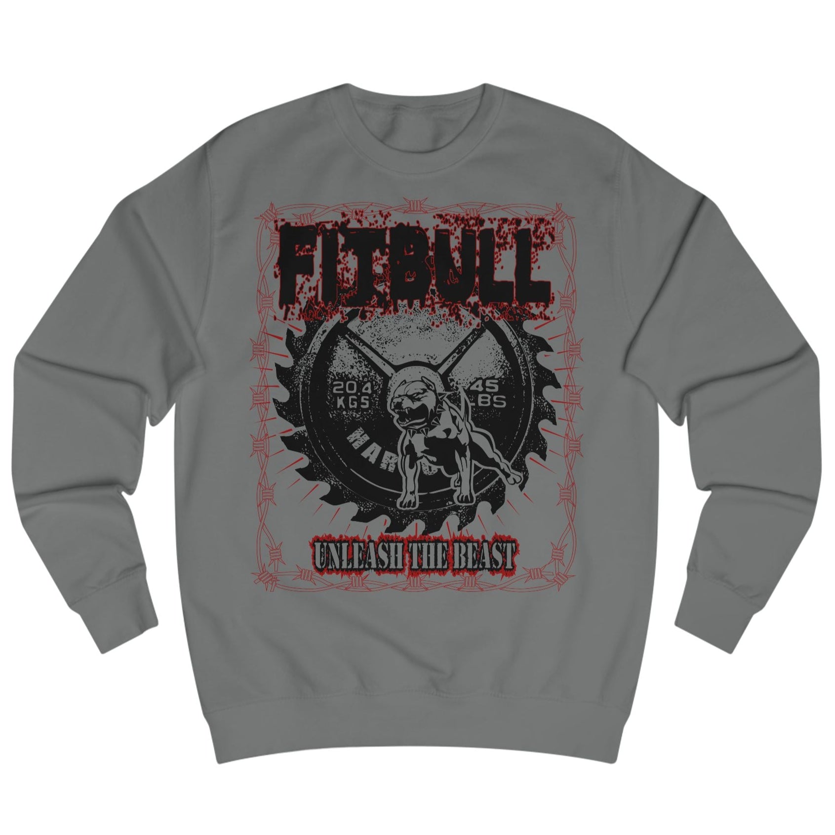 Sports grey sweatshirt Fitbull with a motivational sports brand and design graphic on the front.