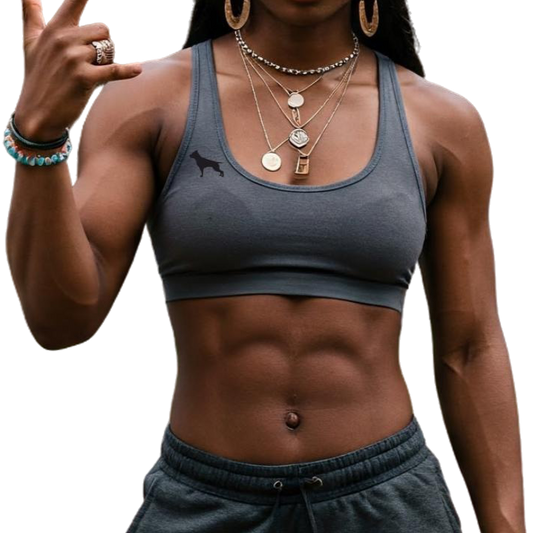 a woman wearing a charcoal sports bra and charcoal joggers fittbull-fitt-wear for crossfit training clothes with hip-hop sign