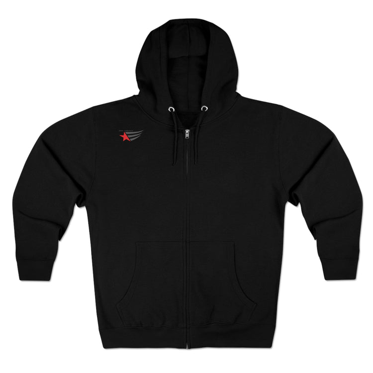 Sport black athletic hoodie gymstar with full zip, two pockets and a  GYMSTAR logo. Front view.