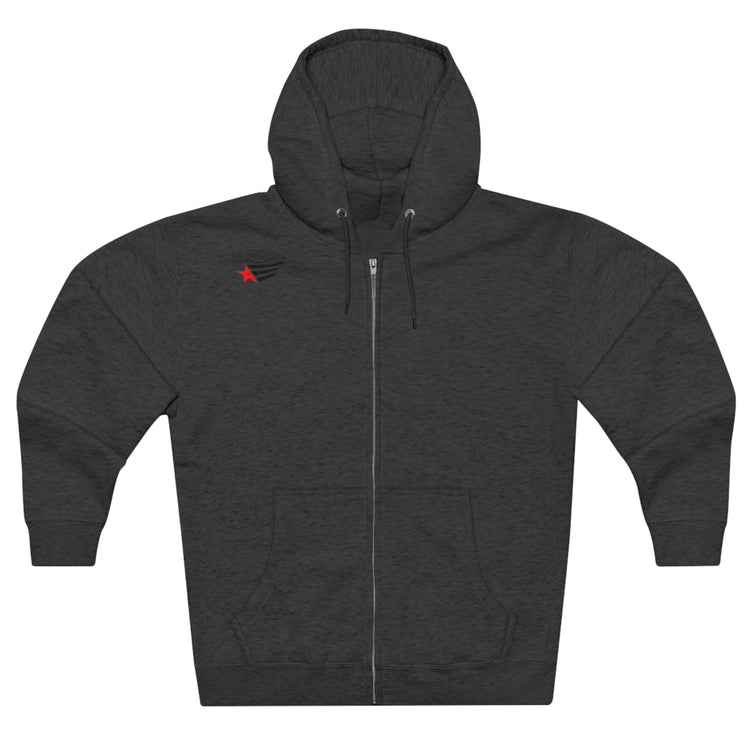 Sport dark grey athletic hoodie gymstar with full zip, two pockets and a  GYMSTAR logo. Front view.