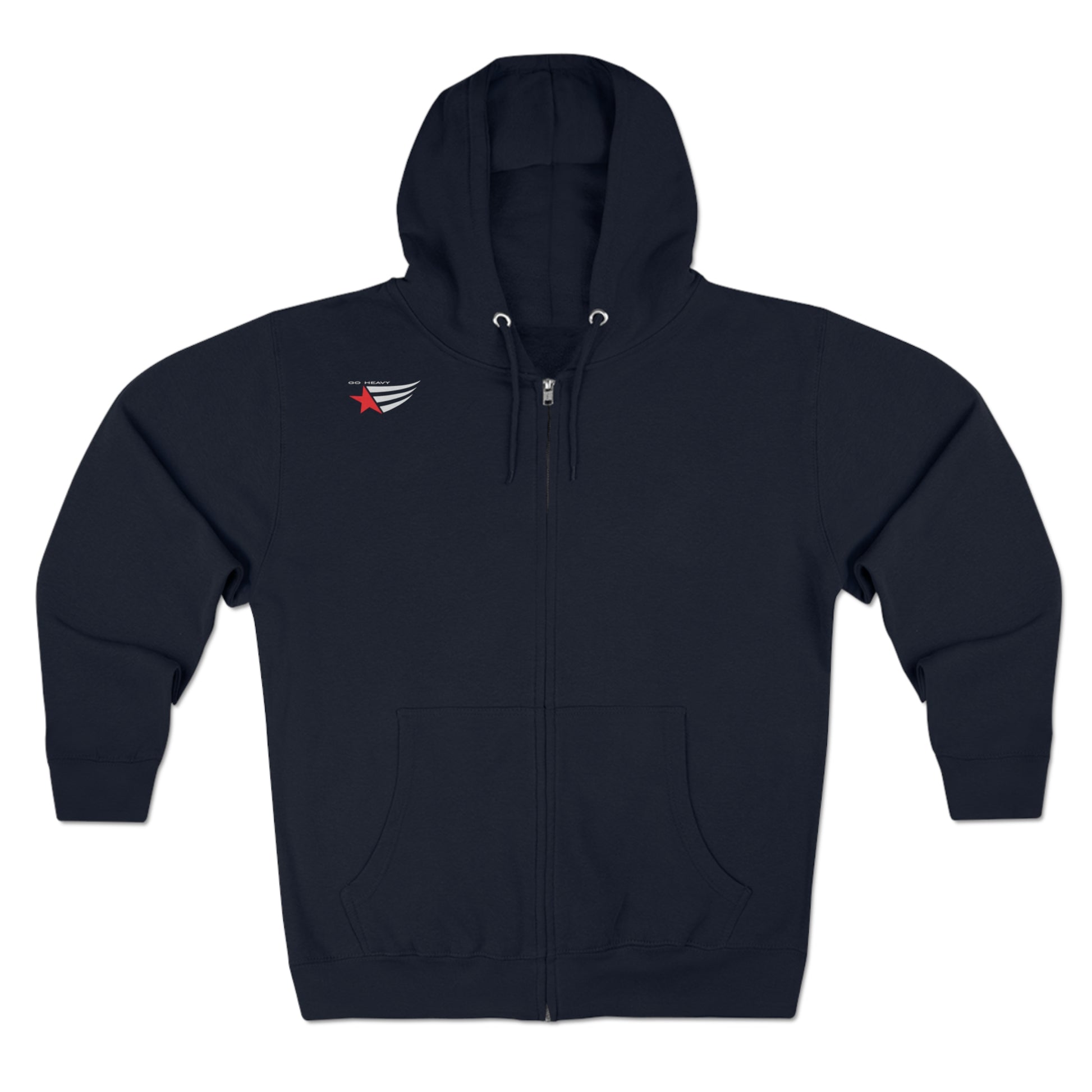 Sport Dark navy blue athletic hoodie gymstar with full zip, two pockets and a  GYMSTAR logo. Front view.