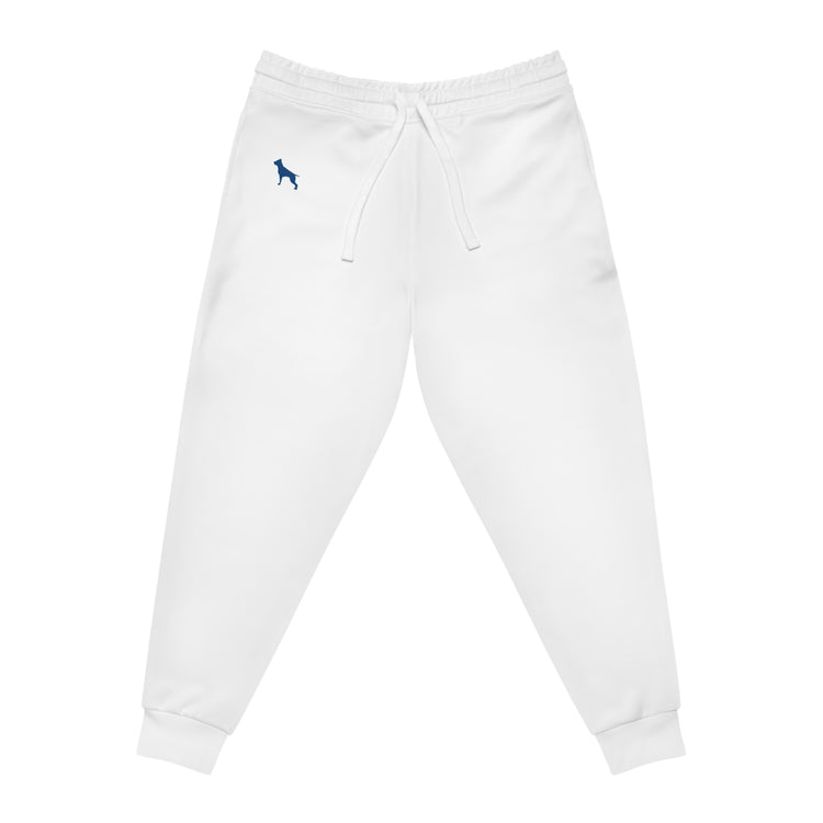 Weiße Fitbull-Jogginghosen mit dem Markenlogo.