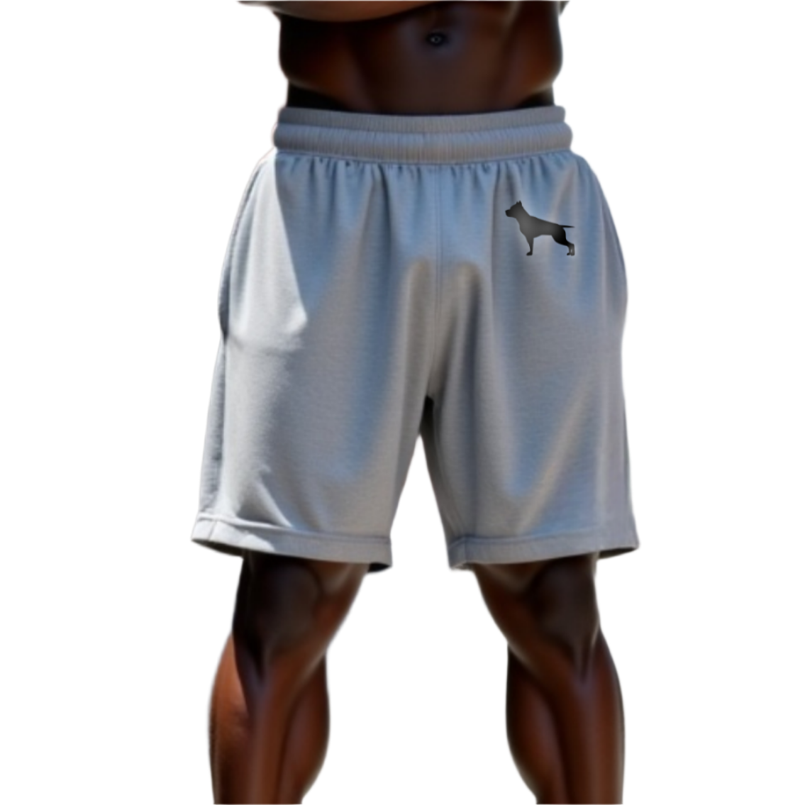A part of the body of a muscular man shows us white sports shorts of the sportswear brand Fitbull, with the company's logo.