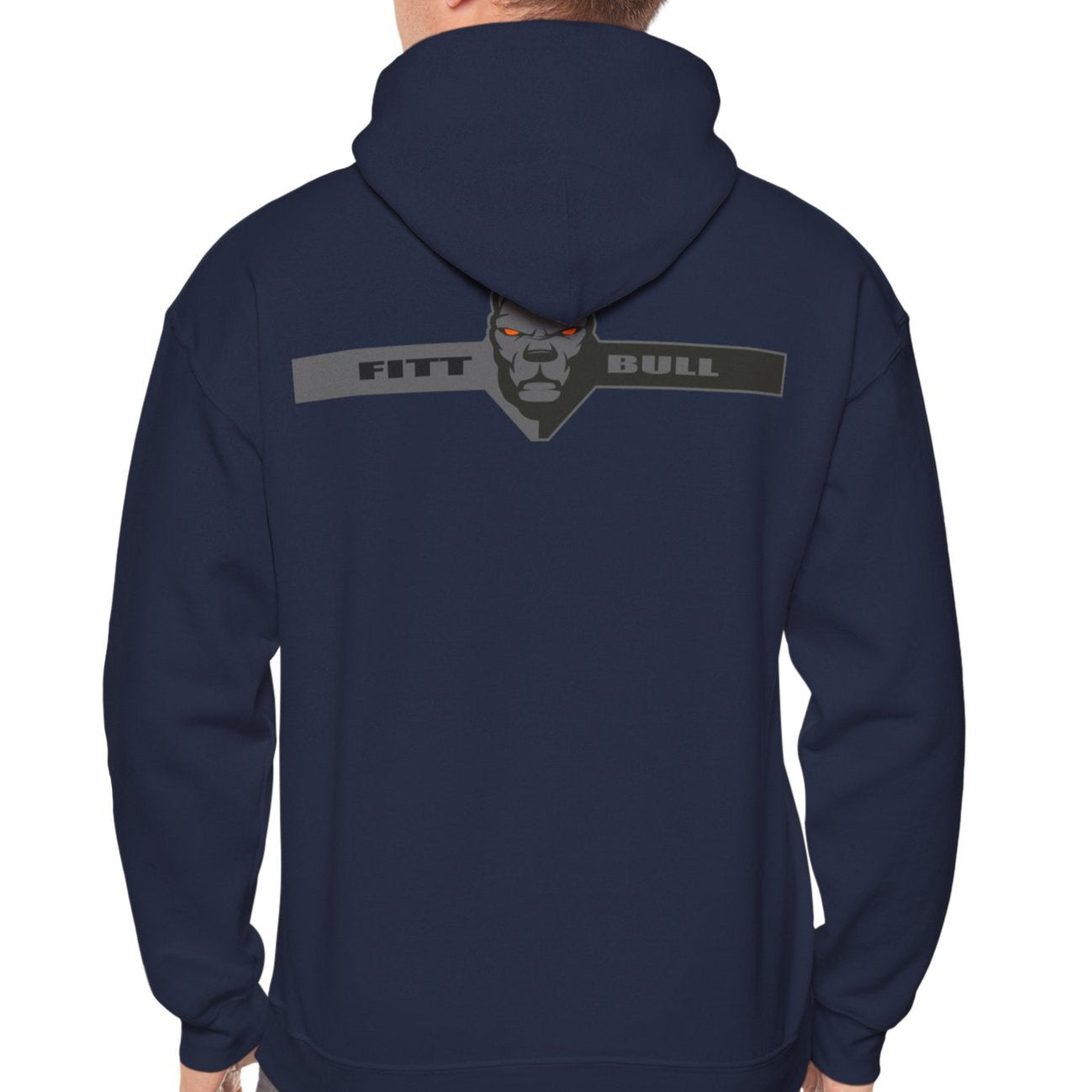 A navy blue sport Fitbull hoodie with logo and fitness motivation design rear view.