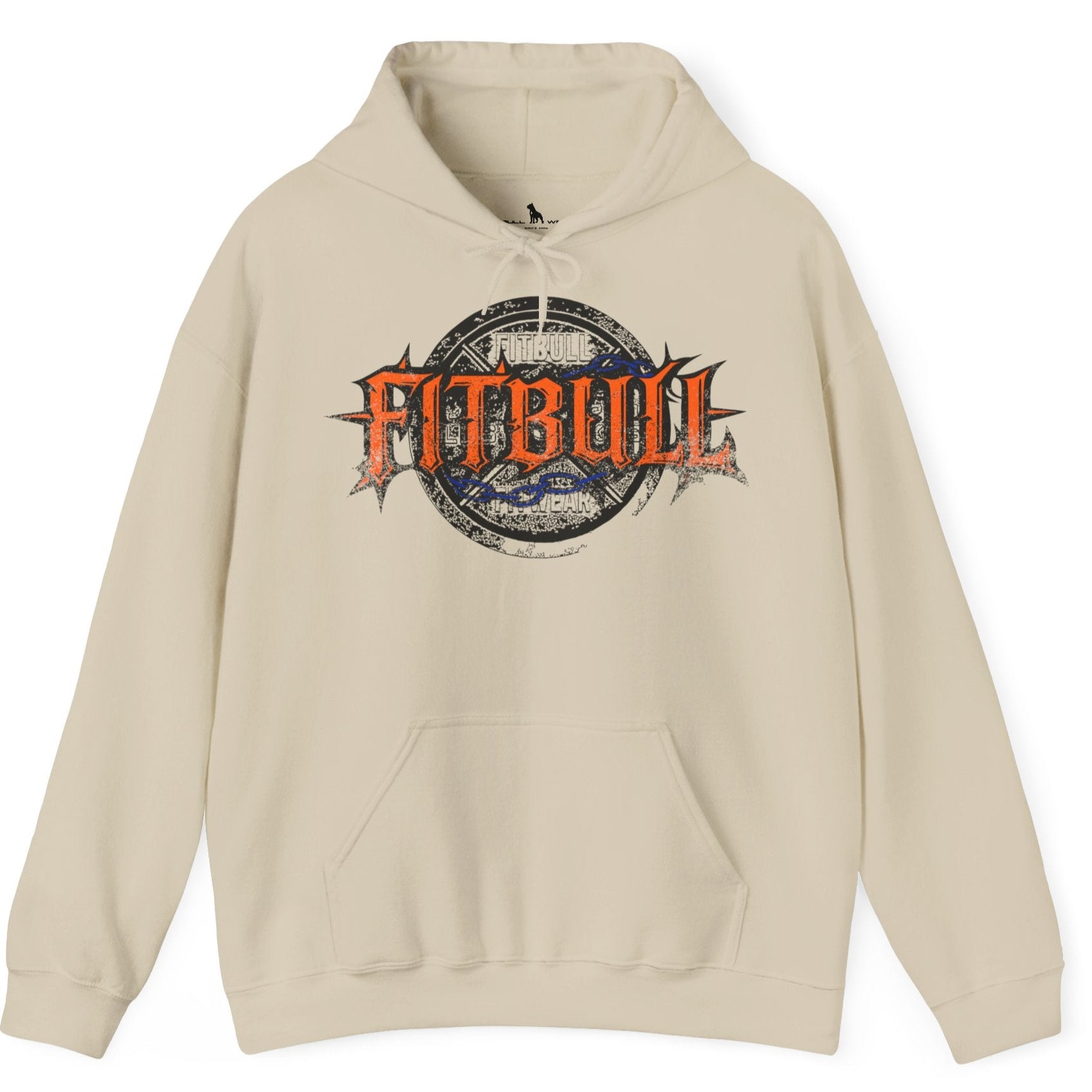 A beige sport Fitbull hoodie with logo and bodybuilding motivation design.