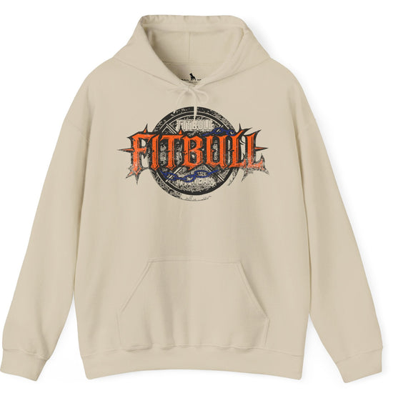 A beige sport Fitbull hoodie with logo and bodybuilding motivation design.