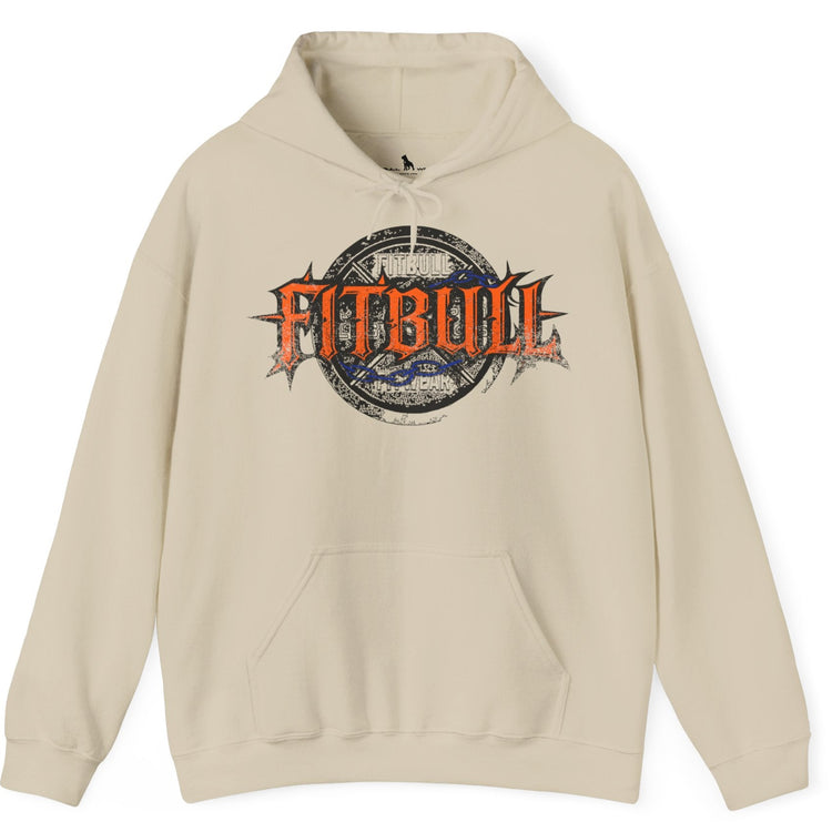 A beige sport Fitbull hoodie with logo and bodybuilding motivation design.