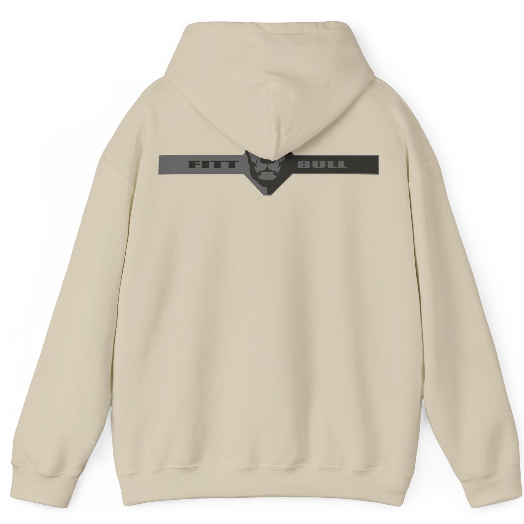 A beige sport Fitbull hoodie with logo and fitness motivation design rear view.