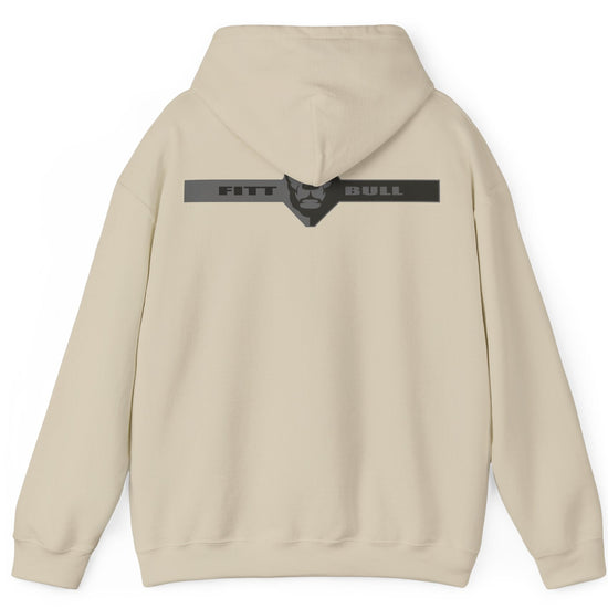 A beige sport Fitbull hoodie with logo and fitness motivation design rear view.