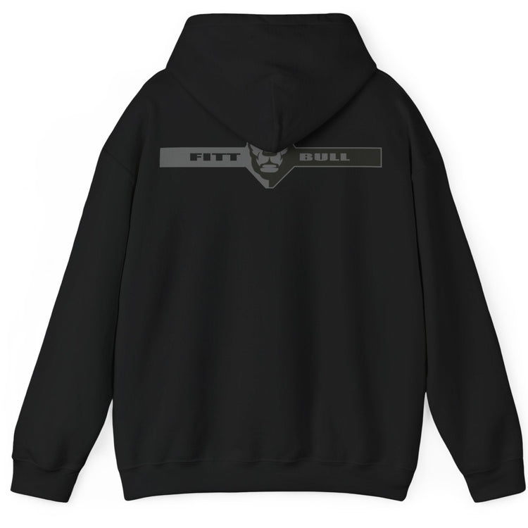 A black sport Fitbull hoodie with logo and fitness motivation design rear view.