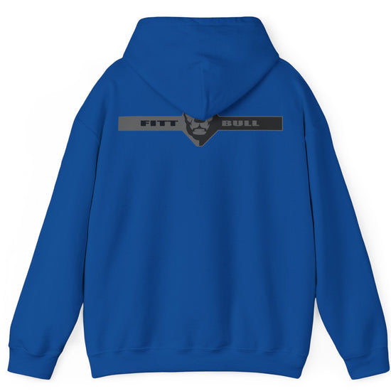 A blue sport Fitbull hoodie with logo and fitness motivation design rear view.