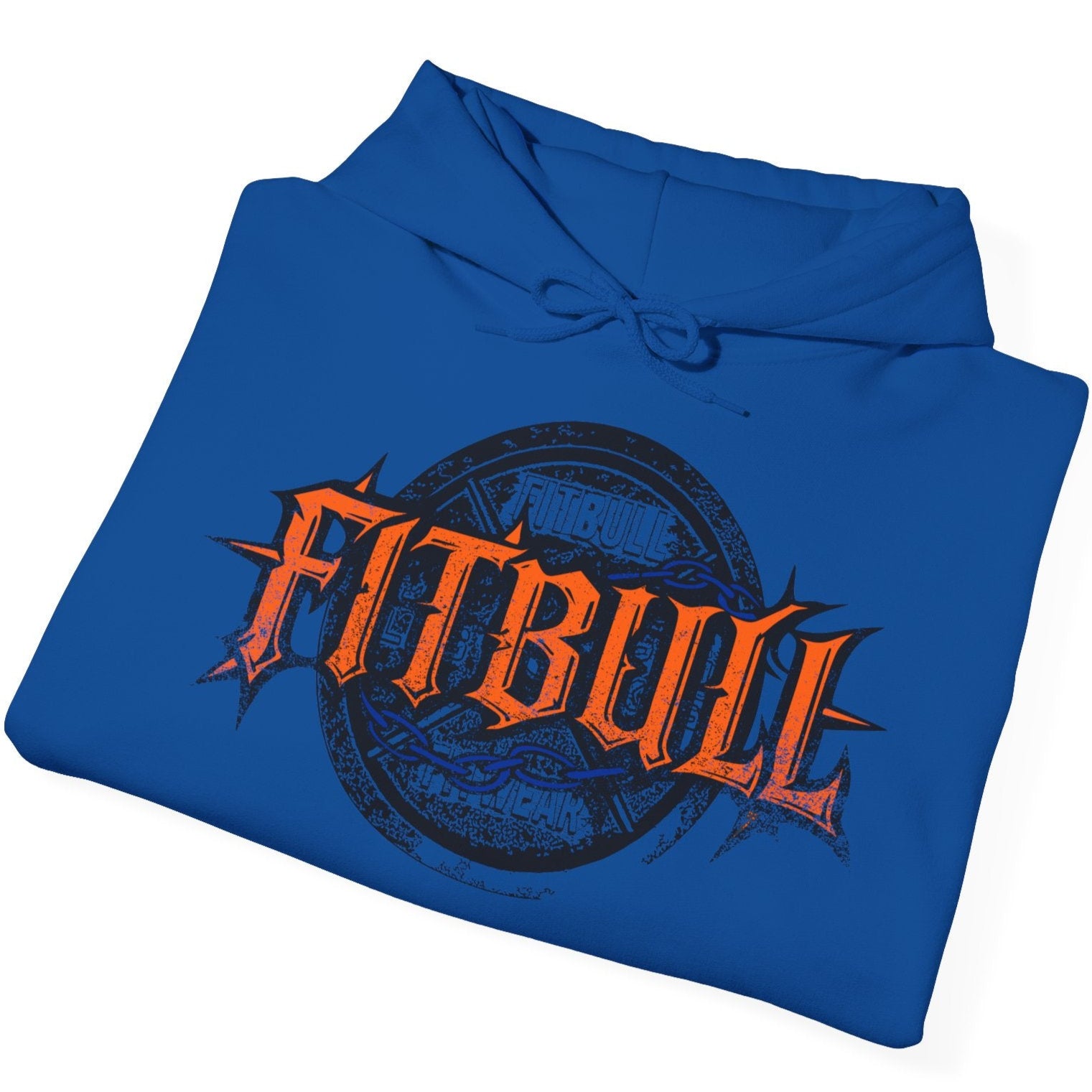 A blue sport Fitbull hoodie with logo and bodybuilding workout motivation design.