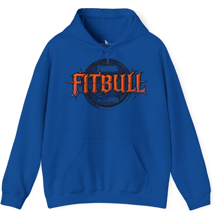 A blue sport Fitbull hoodie with logo and bodybuilding motivation design.