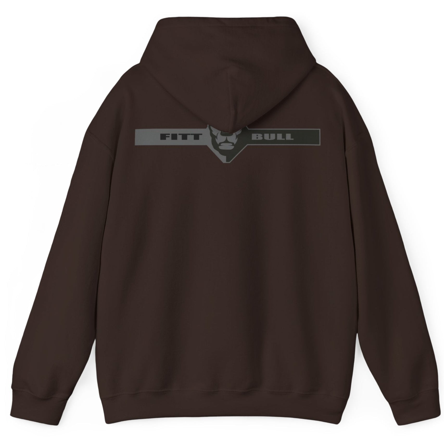 A brown sport Fitbull hoodie with logo and fitness motivation design rear view.