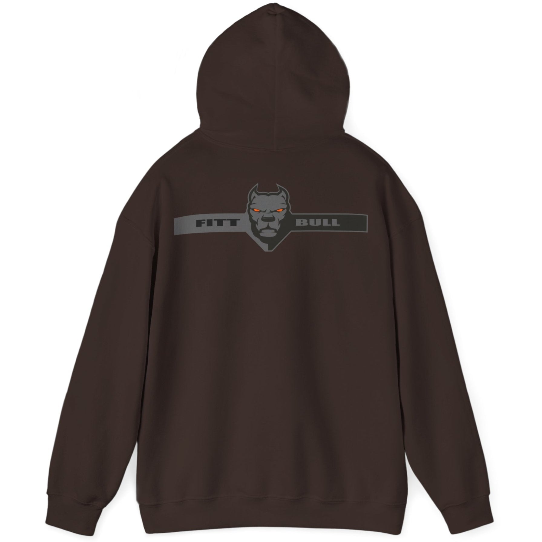 A brown sport Fitbull hoodie with logo and fitness motivation design rear view.