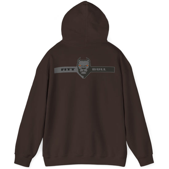 A brown sport Fitbull hoodie with logo and fitness motivation design rear view.