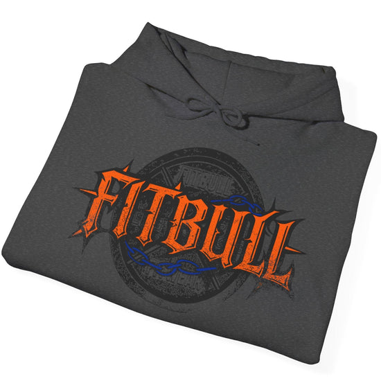 A dark grey sport Fitbull hoodie with logo and bodybuilding workout motivation design.