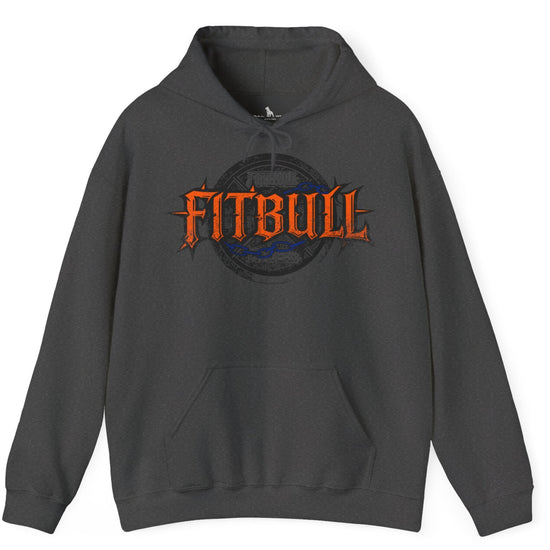A dark grey sport Fitbull hoodie with logo and bodybuilding motivation design.