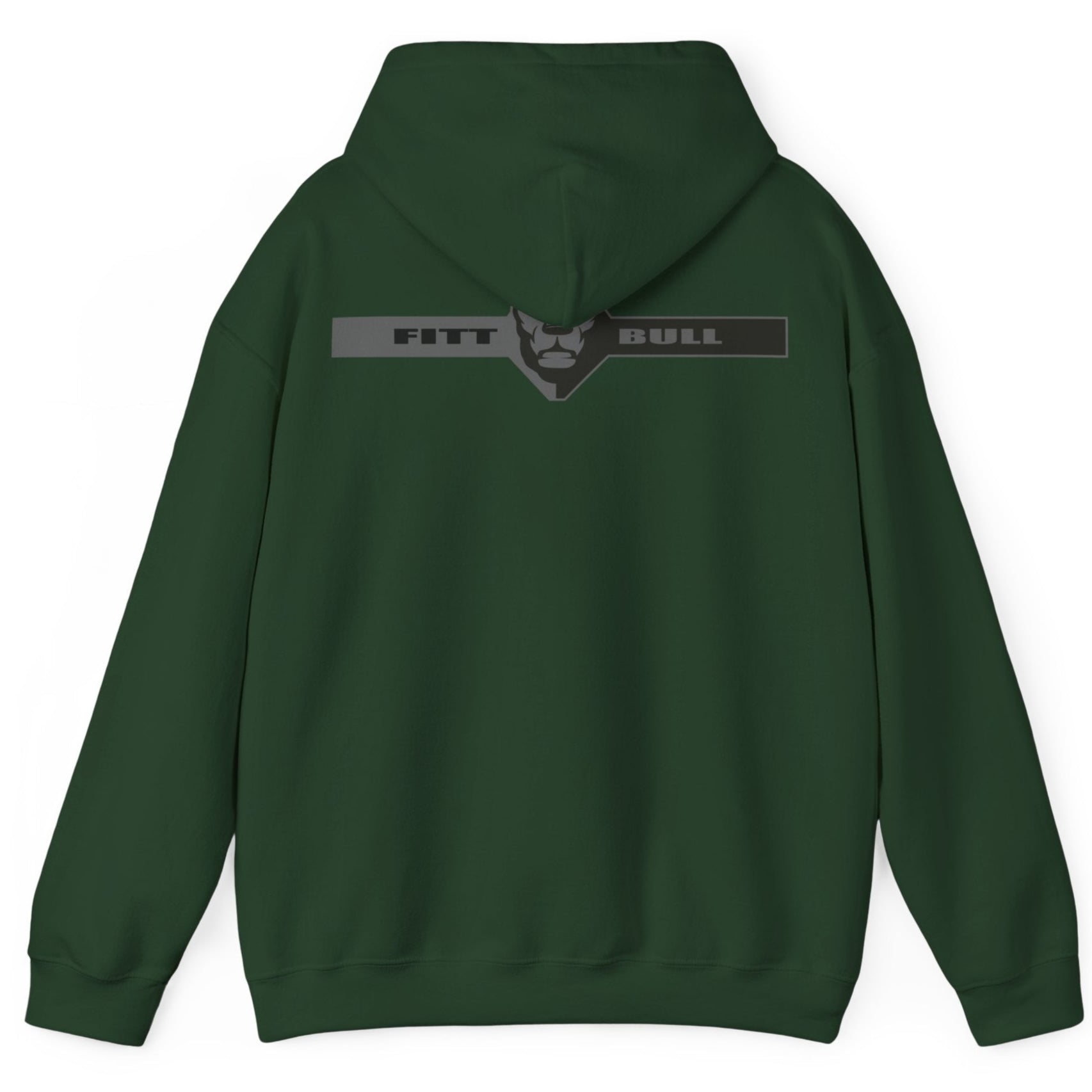 A forest green sport Fitbull hoodie with logo and fitness motivation design rear view.