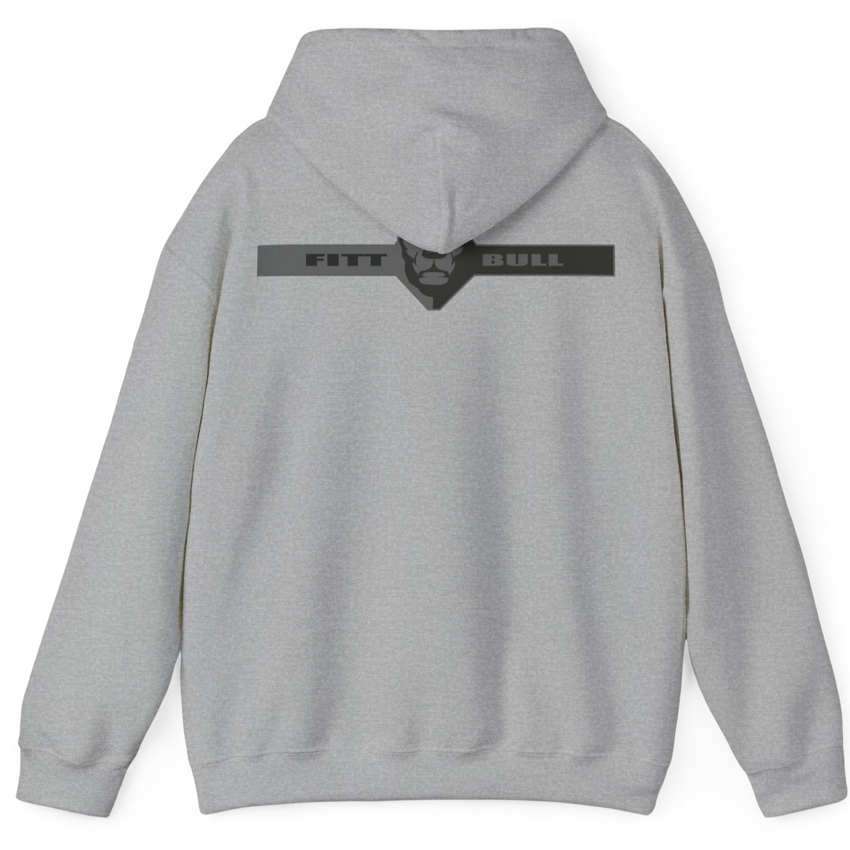 A sport grey sport Fitbull hoodie with logo and fitness motivation design rear view.
