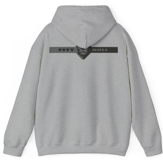 A sport grey sport Fitbull hoodie with logo and fitness motivation design rear view.