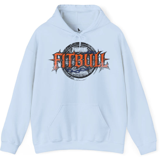 A sky blue sport Fitbull hoodie with logo and bodybuilding motivation design.