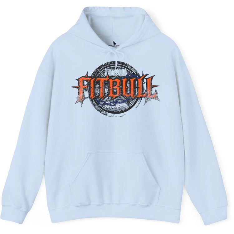 A sky blue sport Fitbull hoodie with logo and bodybuilding motivation design.