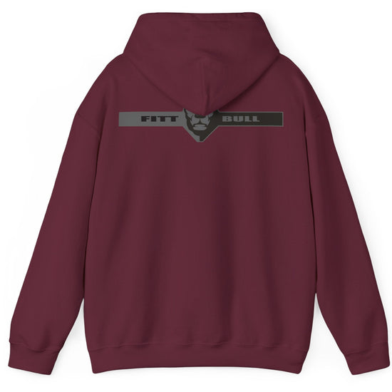 A maroon sport Fitbull hoodie with logo and fitness motivation design rear view.
