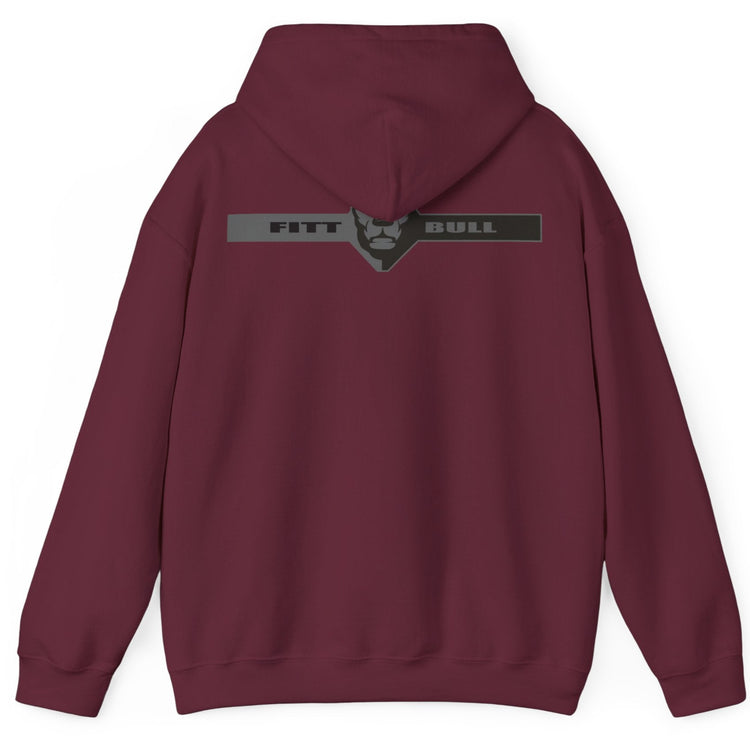 A maroon sport Fitbull hoodie with logo and fitness motivation design rear view.