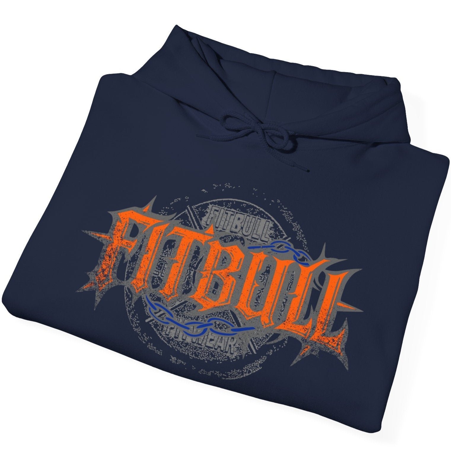 A navy blue sport Fitbull hoodie with logo and bodybuilding workout motivation design.