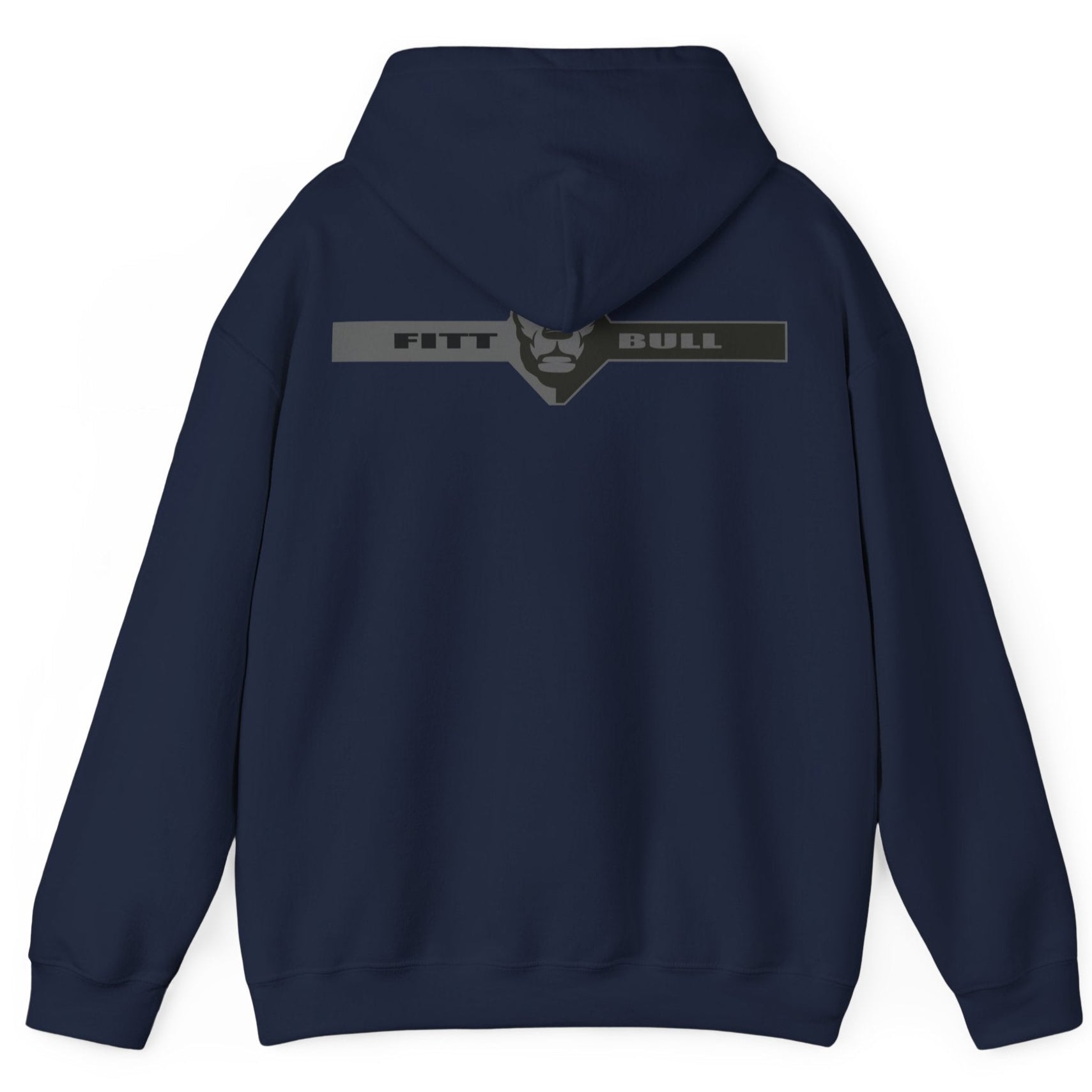 A navy blue sport Fitbull hoodie with logo and fitness motivation design rear view.