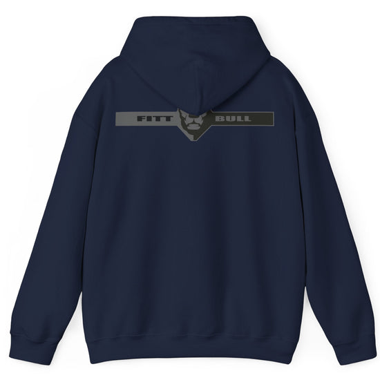 A navy blue sport Fitbull hoodie with logo and fitness motivation design rear view.
