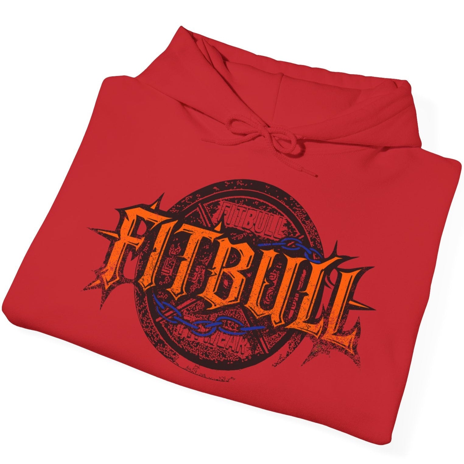 A red sport Fitbull hoodie with logo and bodybuilding workout motivation design.