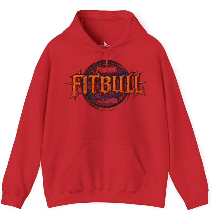 A red sport Fitbull hoodie with logo and bodybuilding motivation design.