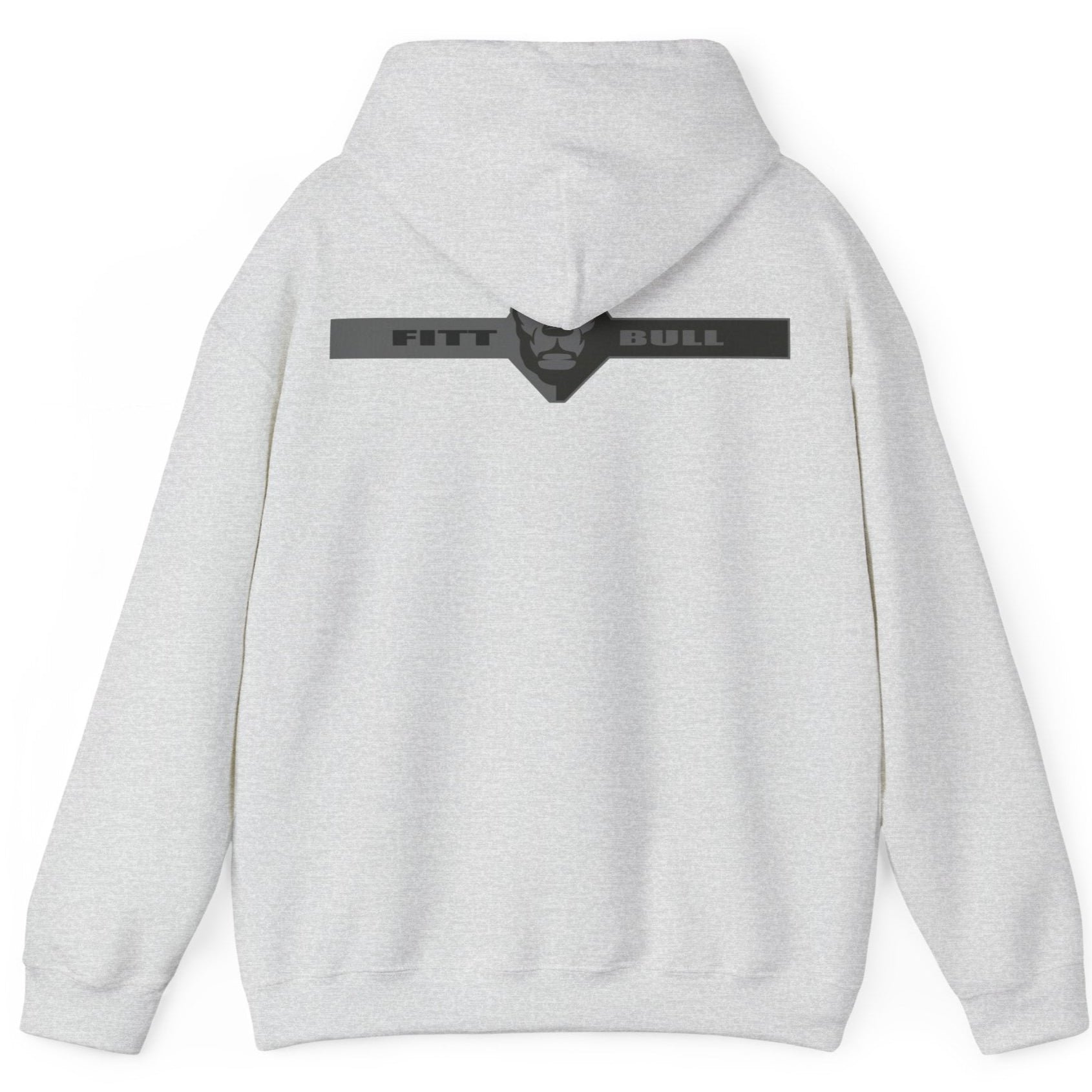 A grey sport Fitbull hoodie with logo and fitness motivation design rear view.
