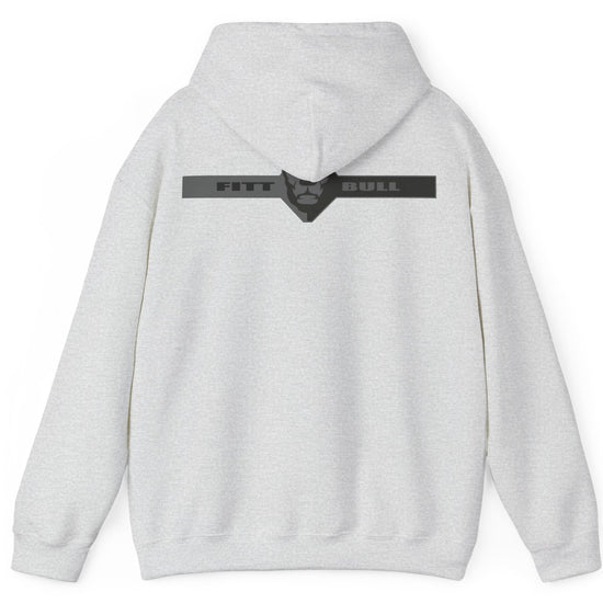 A grey sport Fitbull hoodie with logo and fitness motivation design rear view.