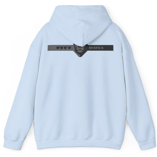 A sky blue sport Fitbull hoodie with logo and fitness motivation design rear view.