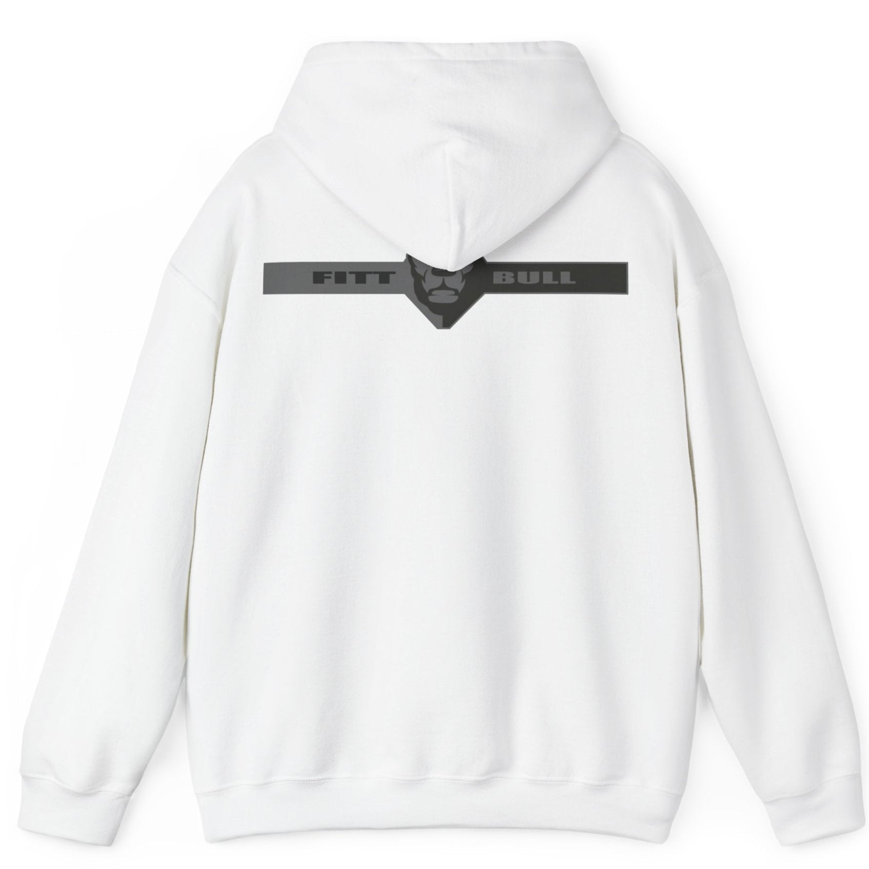 A white sport Fitbull hoodie with logo and fitness motivation design rear view.