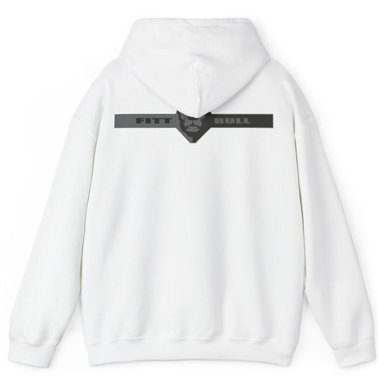 A white sport Fitbull hoodie with logo and fitness motivation design rear view.