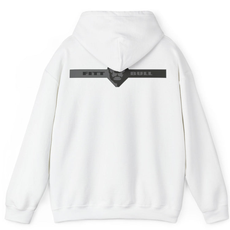 A white sport Fitbull hoodie with logo and fitness motivation design rear view.