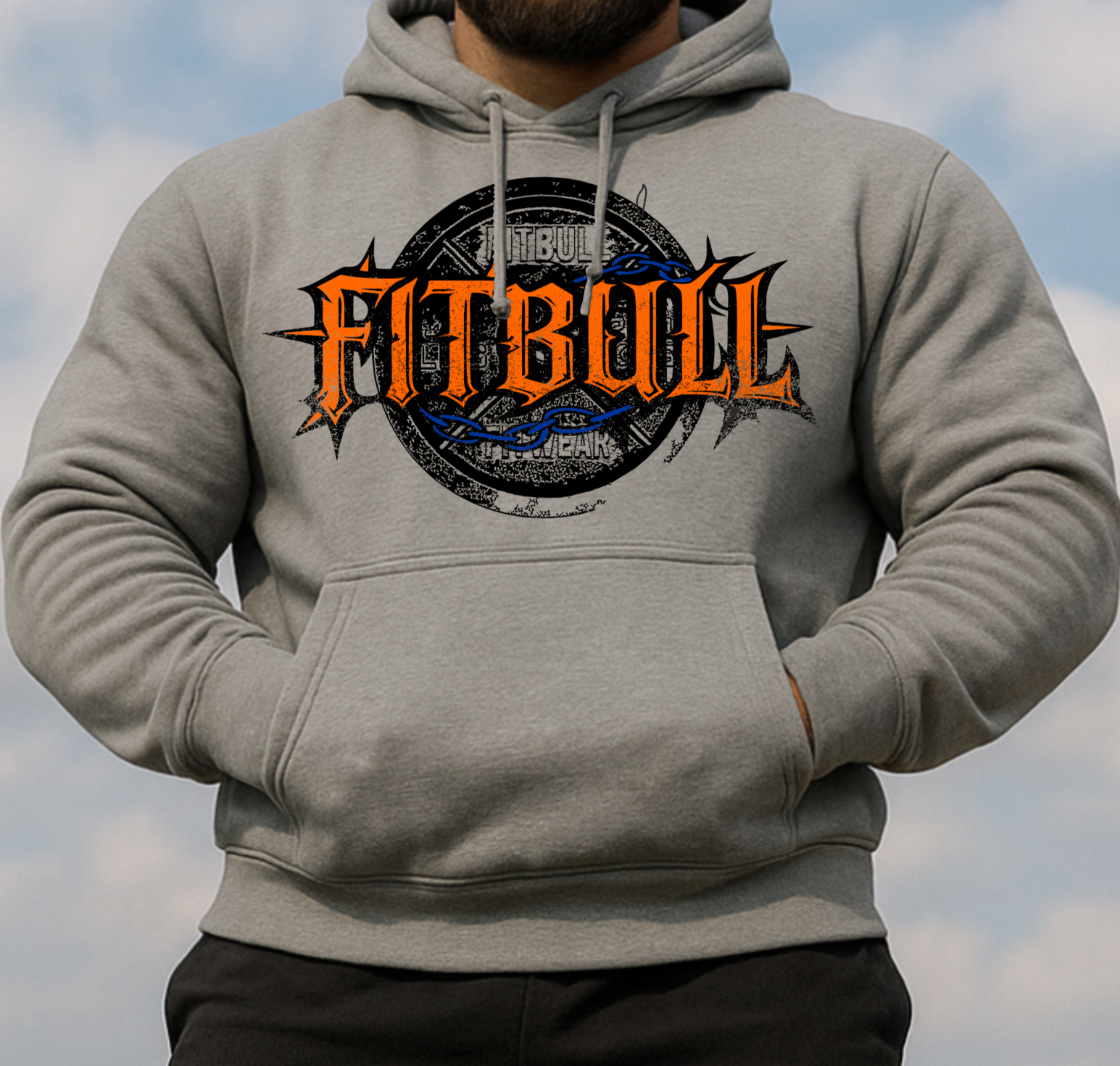 A grey sport Fitbull hoodie with logo and fitness motivation design.