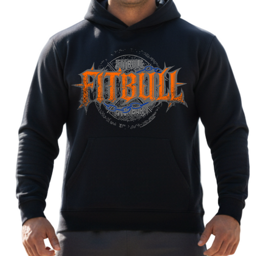 A black sport Fitbull hoodie with logo and fitness motivation design.