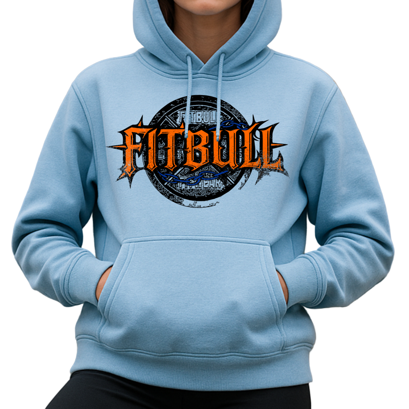 A blue sport Fitbull hoodie with logo and fitness motivation design.