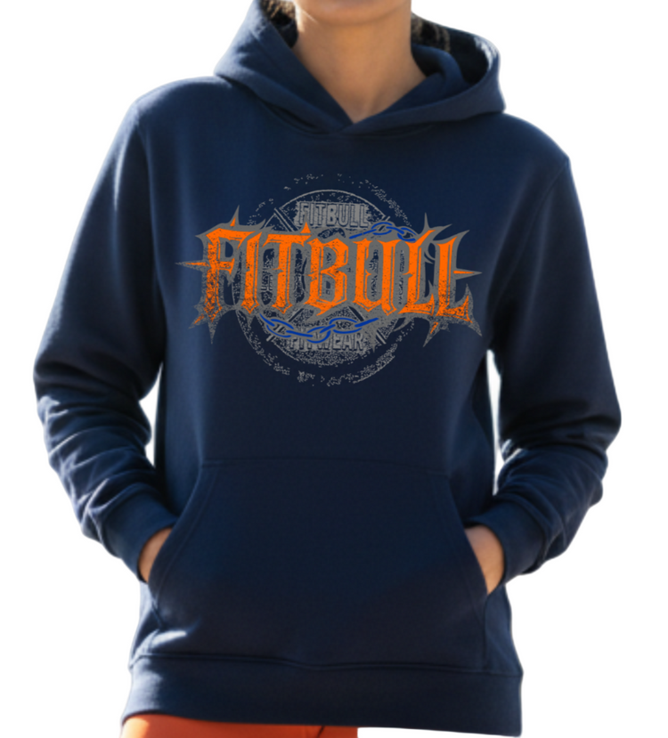 A navy blue sport Fitbull hoodie with logo and fitness motivation design.