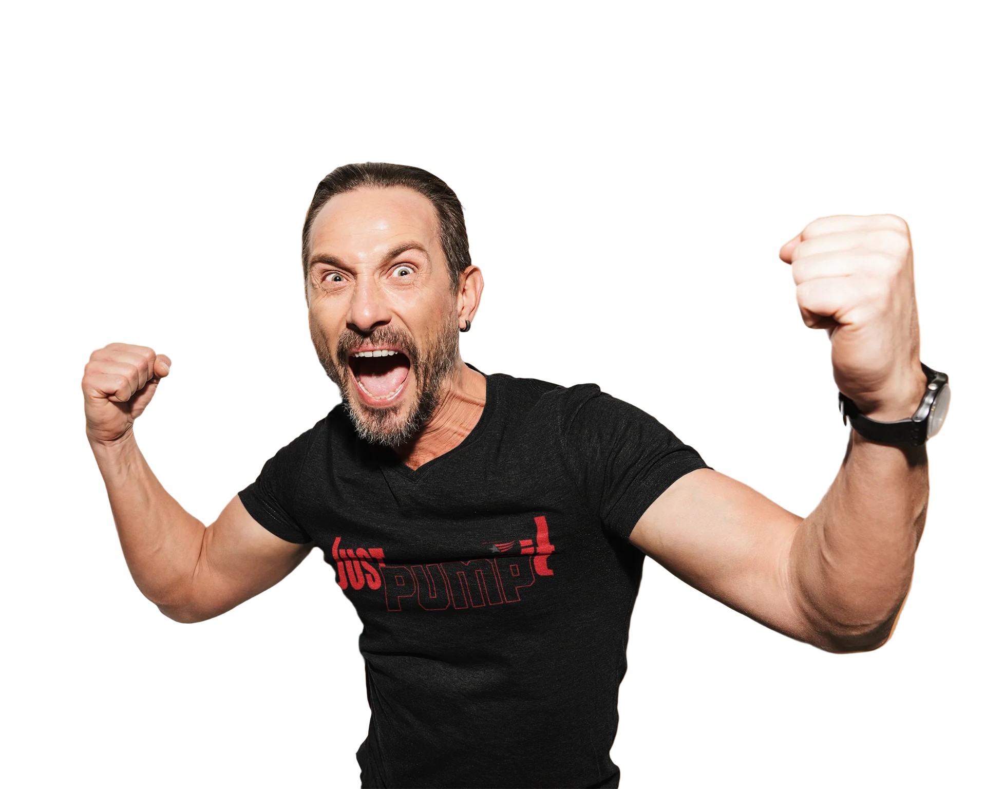 Man wearing a black gymstar t-shirt with red fitness. motivating text, celebrating with arms in double biceps raised. 